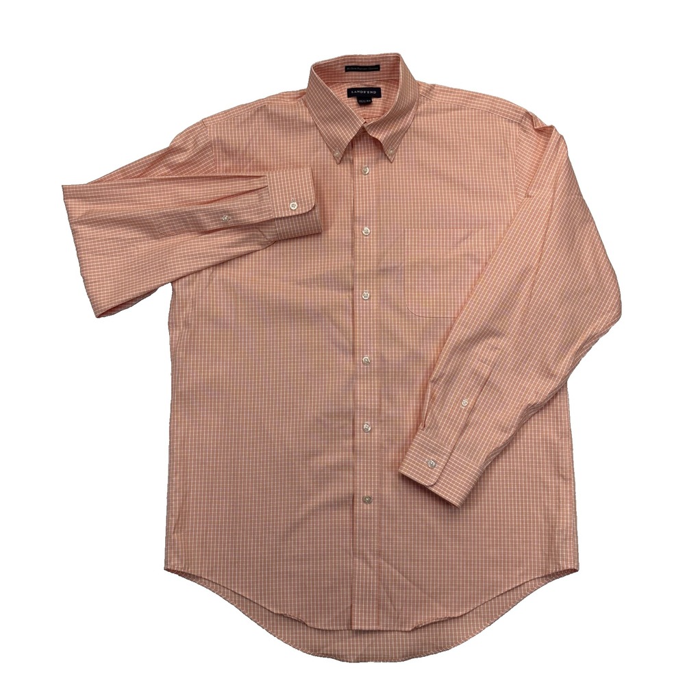 Lands' End Mens Pinpoint Oxford Dress Shirt 15.5-33 Orange Check Preppy